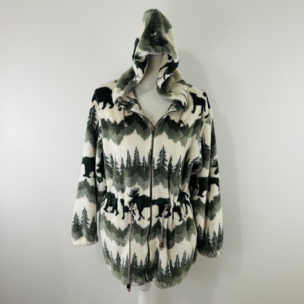 Vintage Northern Lifestyles Canada Fleece Hoodie Jacket Green Cream Wildlife